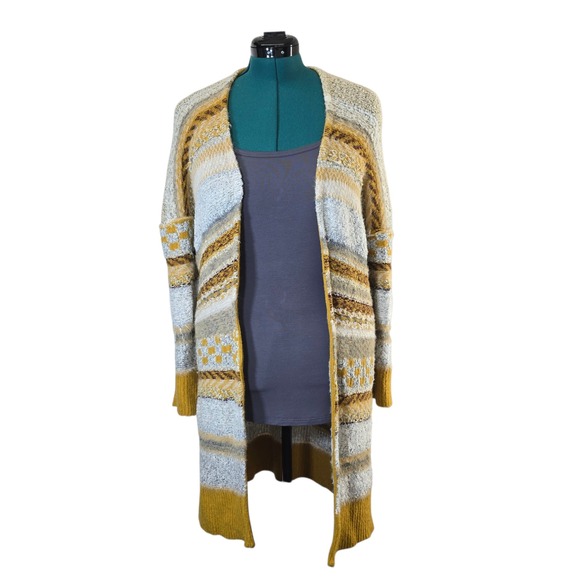 Gimmicks Duster Cardigan Sweater Small S Mustard Yellow Gray Knit Striped Boho - Picture 1 of 9